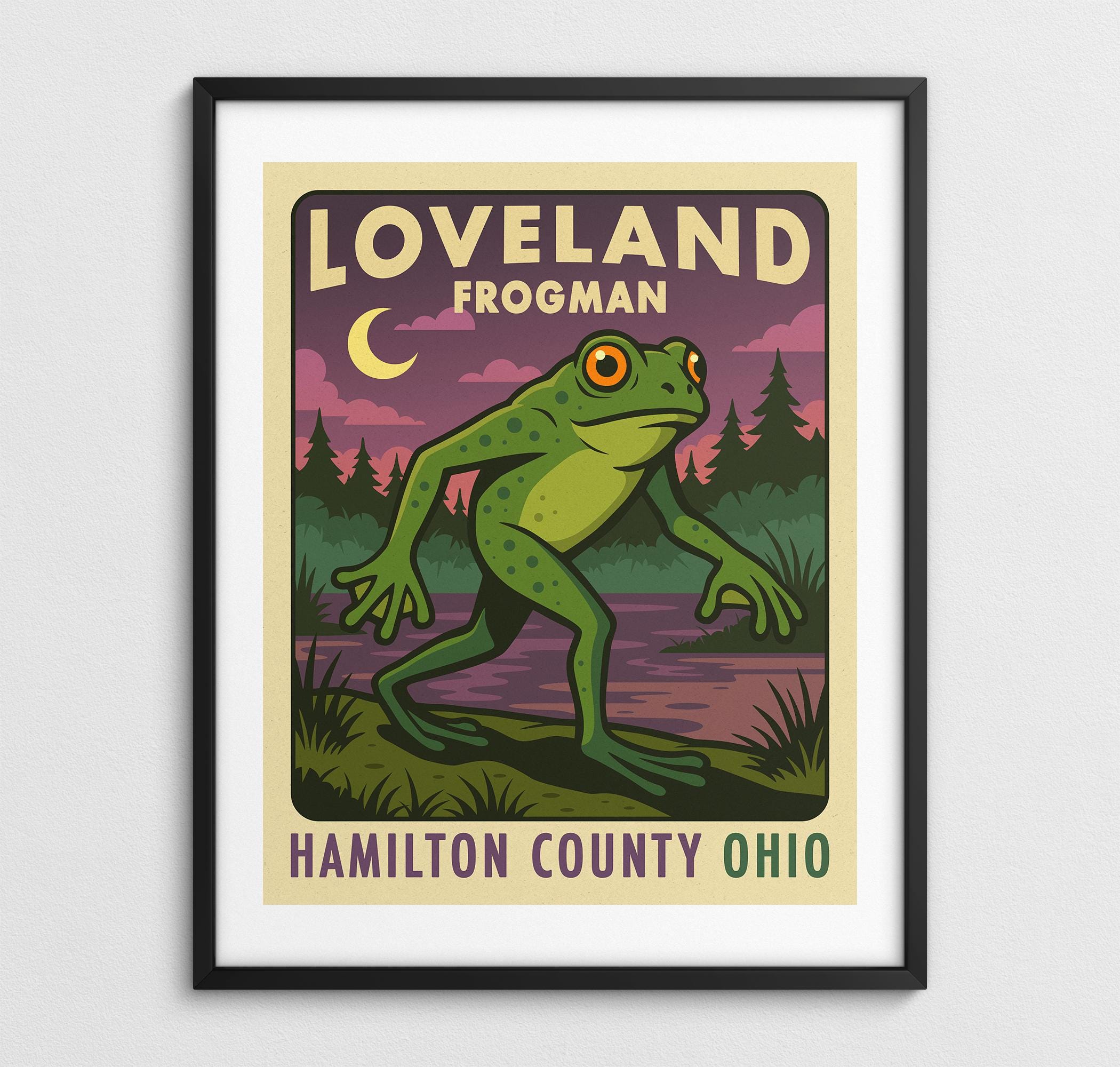 LOVELAND FROGMAN, Ohio Paranormal Cryptid Travel Poster (giclée