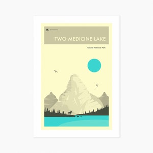 GLACIER National Park Travel Poster (Giclée Fine Art Print) Two Medicine Lake (8x10 12x16 16x20 18x24 24x32) Rolled, Stretched or Framed