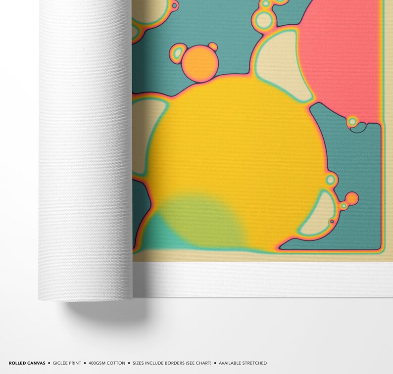 The image is a rolled canvas featuring a vibrant abstract design with various shapes and colors, including yellow, orange, and pink.