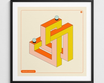 Op de afbeelding: Geometrische kunstafdruk met een onmogelijke vorm in oranje, geel en roze. Twee kleine blauwe bollen staan bovenop de structuur. De tekst "impossible geometries" staat onderaan. Het kunstwerk is ingelijst.