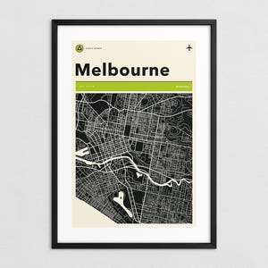 MELBOURNE MAP (Giclée Fine Art Print on Paper or Canvas) Retro Minimalist City Street Map (Framed or Unframed)