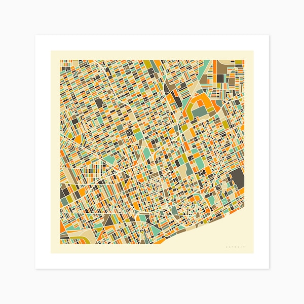 DETROIT (Giclée Fine Art Print) City Street Map (10x10 12x12 16x16 24x24 28x28 30x30) Rolled, Stretched or Framed