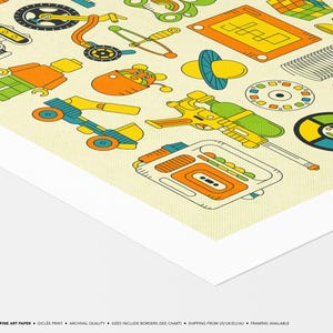 The image is a collage of various colorful and whimsical illustrations, including toys, vehicles, and other playful objects.