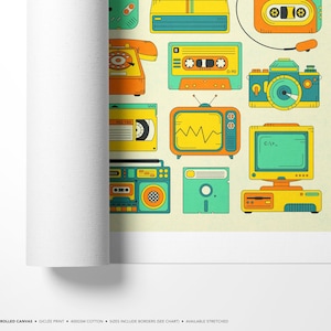 The image is a rolled canvas featuring a collection of vintage electronic devices and appliances, including a telephone, radio, camera, television, and other nostalgic items.