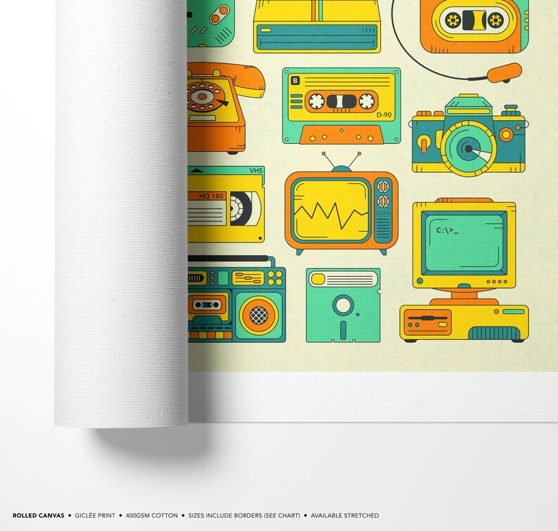 The image is a rolled canvas featuring a collection of vintage electronic devices and appliances, including a telephone, radio, camera, television, and other nostalgic items.