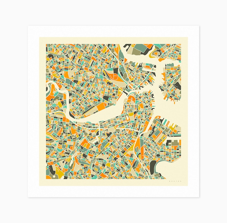 BOSTON Giclée Fine Art Print City Street Map 10x10 12x12 16x16 24x24 28x28 30x30 Rolled, Stretched or Framed image 1