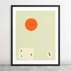 VUELO (impresión artística Giclée sobre papel o lienzo) Bandada minimalista de pájaros de Jazzberry Blue (con o sin marco)