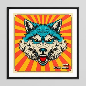 WOLF MILK (Giclée Fine Art Print on Paper or Canvas) Retro Wolf Pop Art by Jazzberry Blue (Framed or Unframed)