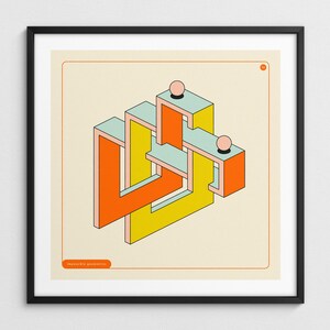 Könnte beinhalten: Gerahmter Kunstdruck mit einem unmöglichen geometrischen Design in Orange, Gelb und Hellblau. Zwei kleine rosa Kugeln befinden sich oben. Der Druck ist in einem schwarzen Rahmen und hat unten den Text "impossible geometries".