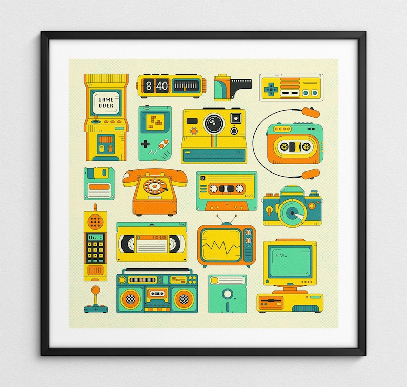 The image is a collage of various vintage electronic devices and appliances, including a game machine, camera, telephone, radio, and other nostalgic items.