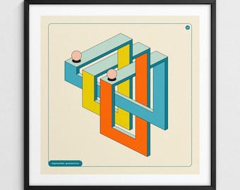 Op de afbeelding: Geometrische kunstafdruk met een onmogelijke vorm in blauw, oranje en geel. Het kunstwerk bevat twee kleine roze bollen en de tekst "impossible geometries" onderaan. De print is ingelijst in een zwart frame.