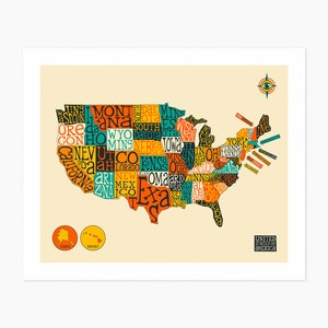 MAPA DE ESTADOS UNIDOS (impresión artística Giclée sobre papel o lienzo) Arte pop tipográfico estadounidense de Jazzberry Blue (con o sin marco)