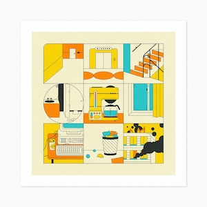 OFFICE (Giclée Fine Art Print) Workplace Illustration (10x10 12x12 16x16 24x24 28x28 30x30) Rolled, Stretched or Framed