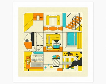 OFFICE (Giclée Fine Art Print) Workplace Illustration (10x10 12x12 16x16 24x24 28x28 30x30) Rolled, Stretched or Framed