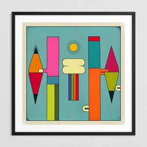 DOMENICA (Stampa Fine Art Giclée su carta o tela) Illustrazione geometrica retrò colorata (con o senza cornice)
