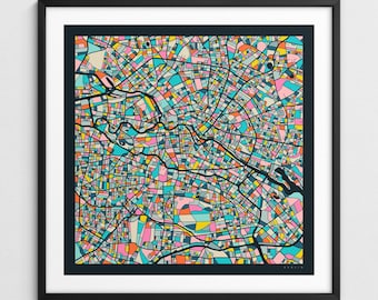 BERLIN MAP (Giclée Fine Art Print) Colorful City Street Map (Series 3)