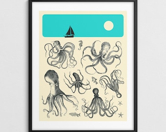 Minimalist Vintage Octopus Collage (Giclée Fine Art Print) TENTACLES