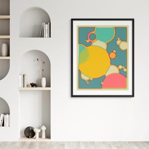 a vibrant abstract painting hanging on a white wall, surrounded by a minimalist white shelving unit with various decorative items such as vases and books.
