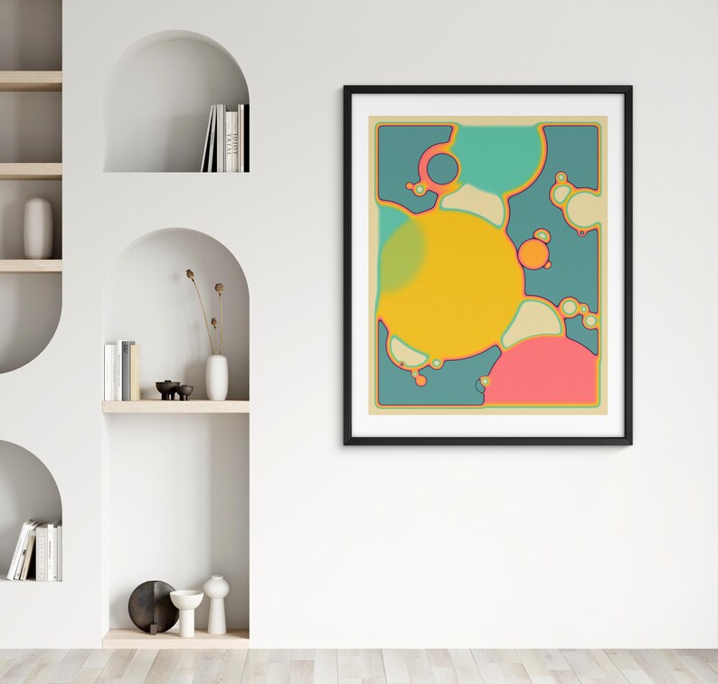 a vibrant abstract painting hanging on a white wall, surrounded by a minimalist white shelving unit with various decorative items such as vases and books.