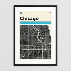 CHICAGO MAP (Giclée Fine Art Print on Paper or Canvas) Retro Minimalist City Street Map (Framed or Unframed)