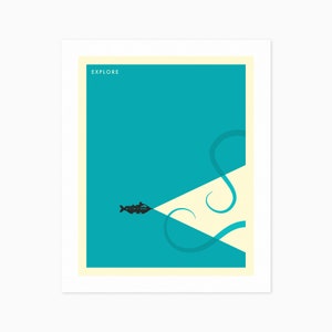 EXPLORE (Giclée Fine Art Print) Minimalist Undersea Travel Poster (8x10 12x16 16x20 18x24 24x32 A1 A2 A3 A4) Rolled, Stretched or Framed
