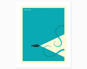 EXPLORE (Giclée Fine Art Print) Minimalist Undersea Travel Poster (8x10 12x16 16x20 18x24 24x32 A1 A2 A3 A4) Rolled, Stretched or Framed