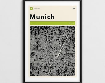 MUNICH MAP (Giclée Fine Art Print) Retro Minimalist City Street Map