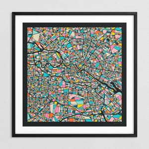 Berlin Karte (Giclée Fine Art Druck auf Papier oder Leinwand) Bunter Stadtplan von Jazzberry Blue (Gerahmt oder Ungerahmt) Serie 3