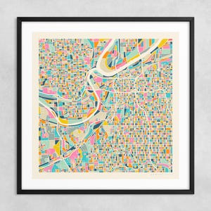 MAPA DE LA CIUDAD DE KANSAS (impresión artística Giclée sobre papel o lienzo) Mapa callejero de la ciudad moderna de Jazzberry Blue (con o sin marco) Serie 2