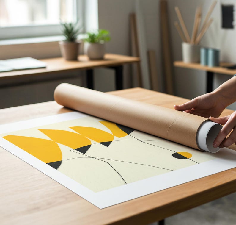 A person is rolling up a large roll of paper to create a framed artwork on a wooden table.