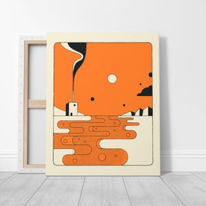 The image is a minimalist art piece featuring an abstract landscape with a large orange and black shape in the sky, a small white building, and a body of water with a wave-like pattern.