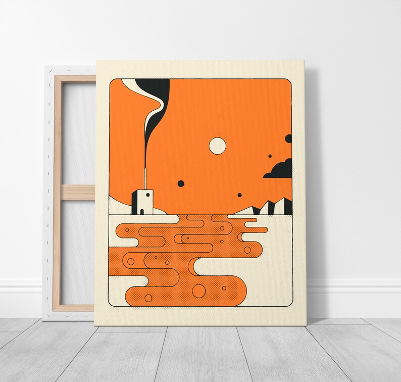The image is a minimalist art piece featuring an abstract landscape with a large orange and black shape in the sky, a small white building, and a body of water with a wave-like pattern.