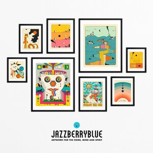 The image is a gallery of colorful, abstract artworks displayed on a white wall.