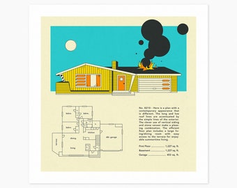 MID CENTURY HOME Design 1 (Giclée Fine Art Print) Mid-Century Pop Art (10x10 12x12 16x16 24x24 28x28 30x30) Rolled, Stretched or Framed