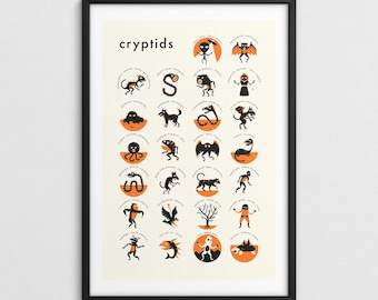 CRYPTID ALPHABET, Minimalist Cryptozoology Pop Art Poster (Giclée Fine Art Print)