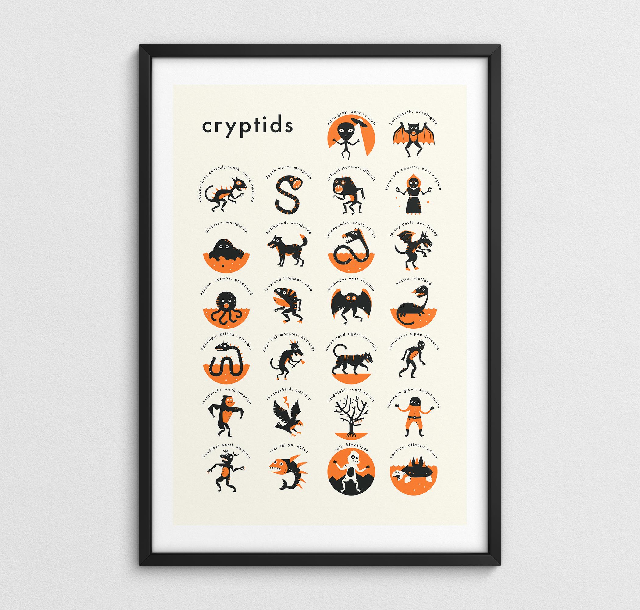 CRYPTID ALPHABET, Minimalist Cryptozoology Pop Art Poster (giclée