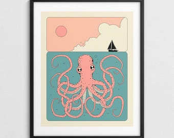 Playful Octopus Wall Art, Seascape Illustration (Giclée Fine Art Print) TENTACLES