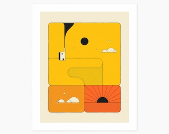 ORANGE SUNSET (Giclée Fine Art Print) Simple Minimalist Sunset Illustration (8x10 12x16 16x20 18x24 24x32) Rolled, Stretched or Framed