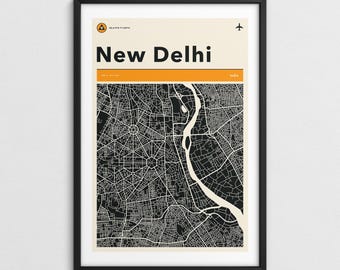 NEW DELHI MAP (Giclée Fine Art Print) Retro Minimalist City Street Map