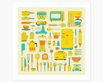 RETRO KITCHEN (Giclée Fine Art Print) 1980's Nostalgia (10x10 12x12 16x16 24x24 28x28 30x30) Rolled, Stretched or Framed