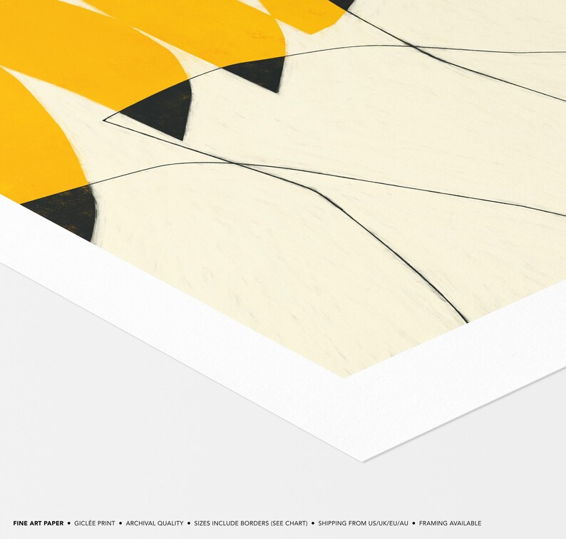 The image is a fine art print featuring abstract geometric shapes in shades of yellow and black, creating a visually striking composition.