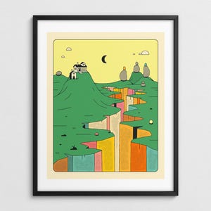 Paysage fantastique et paisible coloré, art mural rétro moderne (impression giclée d'art)