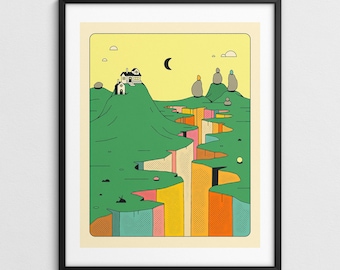 Colorful Peaceful Fantasy Landscape, Modern Retro Wall Art (Giclée Fine Art Print) DENIZENS