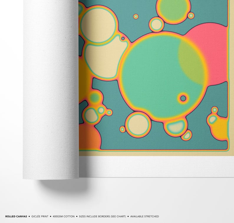 The image is a rolled canvas featuring a vibrant abstract design with colorful circles and shapes.