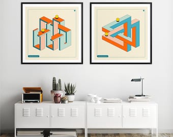 Onmogelijke geometrische vormen, optische illusie muurkunst (giclée fine-art prints)
