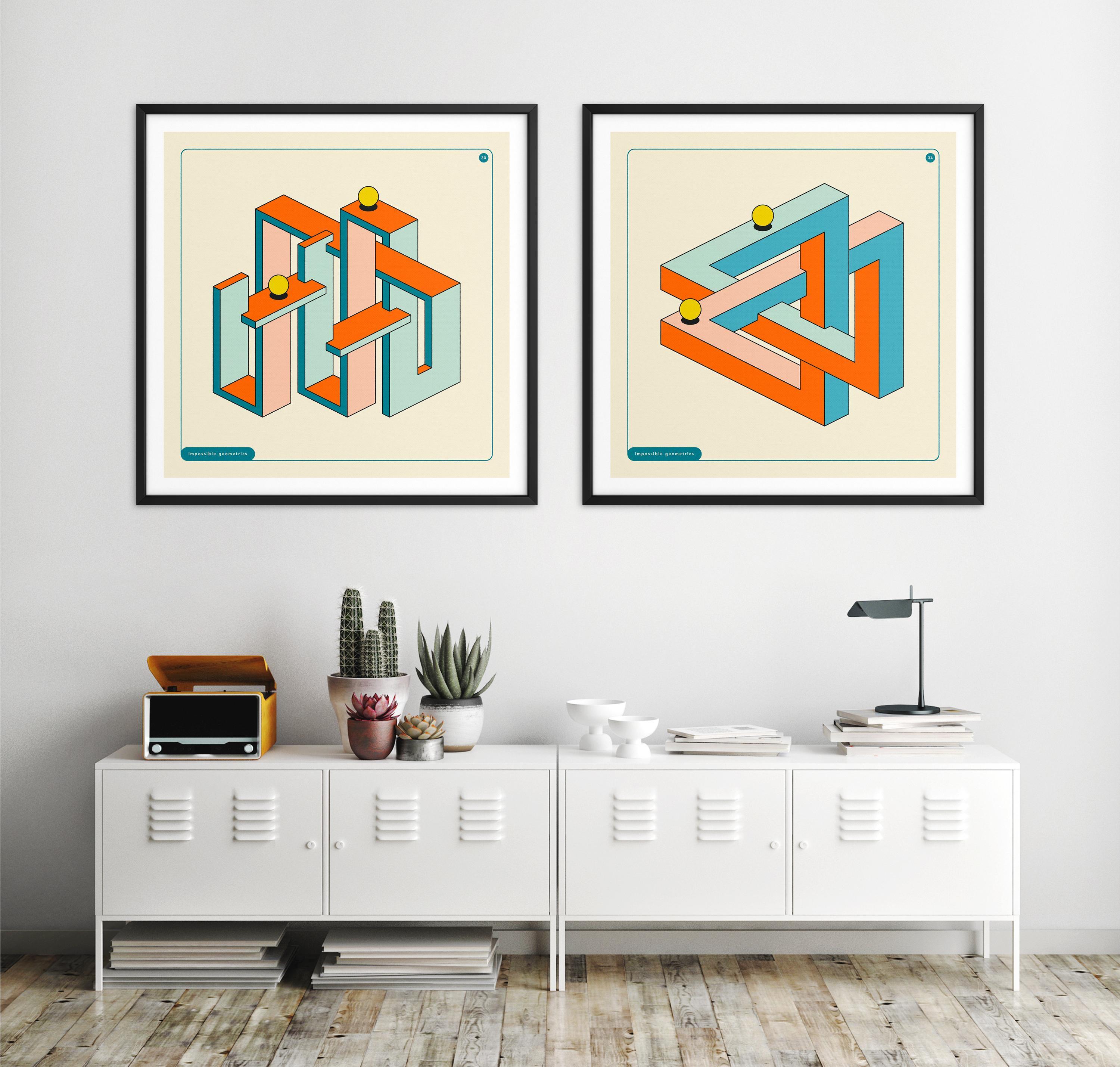Impossible Geometric Shapes, Optical Illusion Wall Art (set of 2