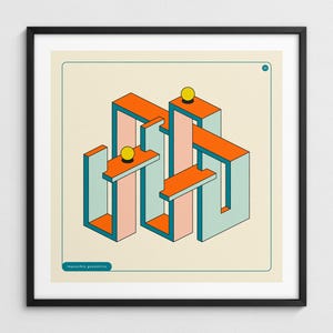 Könnte beinhalten: Abstrakter geometrischer Kunstdruck mit orangefarbenen, hellblauen und rosa Formen. Das Kunstwerk enthält gelbe Kugeln und den Text "impossible geometries" in einem schwarzen Rahmen.
