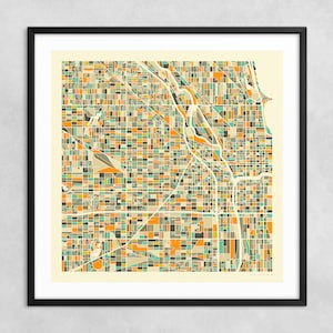 CHICAGO KARTE (Giclée Fine Art Druck auf Papier oder Leinwand) Minimalistischer Stadtplan Straßen Karte von Jazzberry Blue (Gerahmt oder Ungerahmt) Serie 1