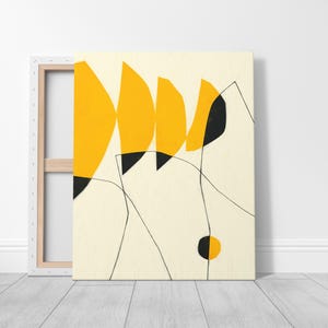 a minimalist abstract artwork with bold geometric shapes and lines in shades of yellow and black.