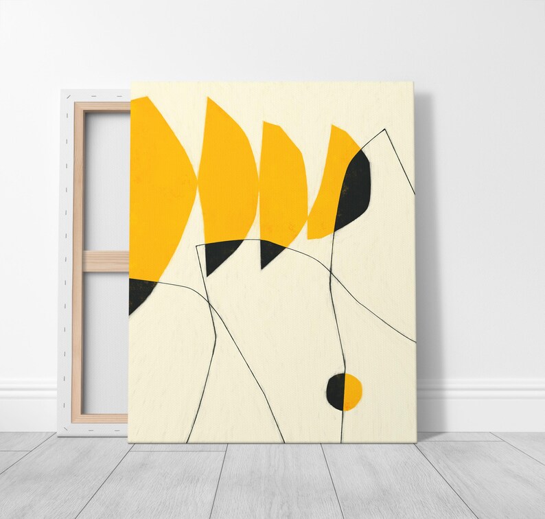 a minimalist abstract artwork with bold geometric shapes and lines in shades of yellow and black.